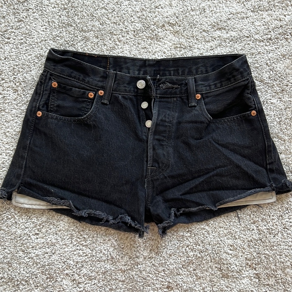 Levi cut off shorts in black with teal stitching